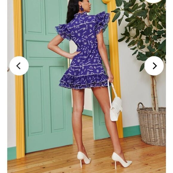 CeliaB Sabrina Blue Floral Pearl Trim Ruffle Dress | M - Picture 2 of 10